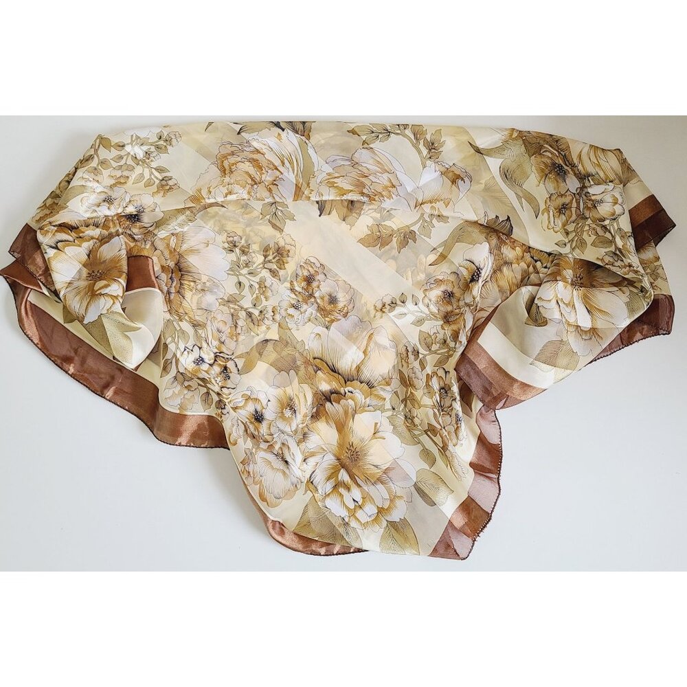 Vtg Floral Peony Satin Scarf Brown Border Lrg Square Lightweight Sheer Material - Picture 2 of 12